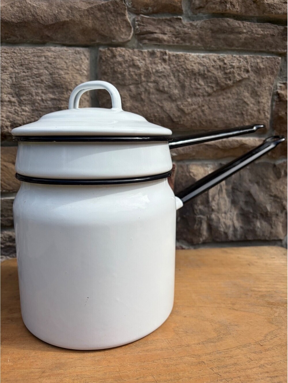 Vintage White Enamel Double Boiler Pot Set Black Trim Enamelware 3 Piece